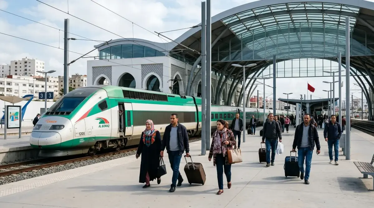 Casablanca train station platform with passengers waiting for departure to Marrakech