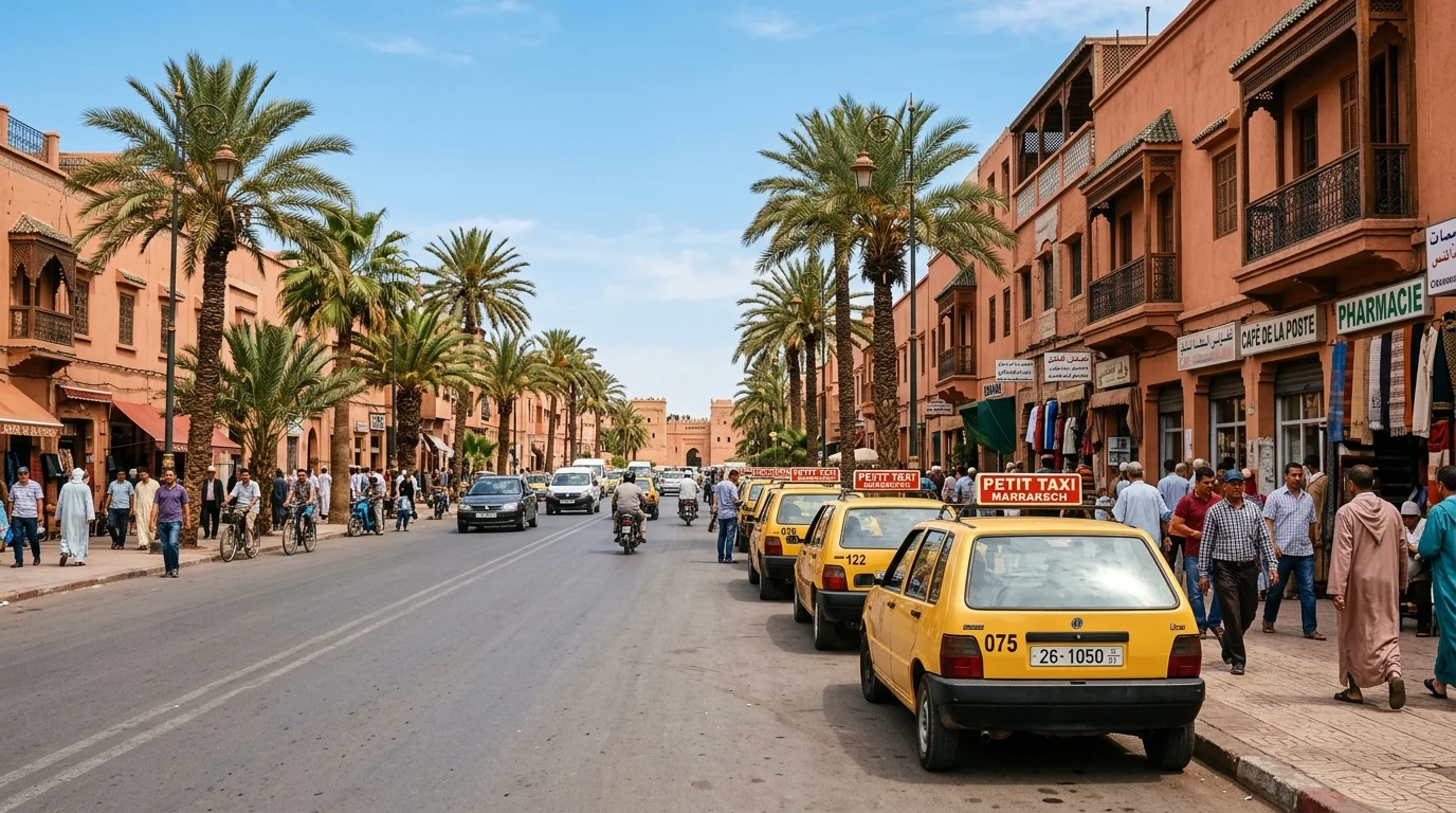 Yellow petit taxis lined up along a palm-lined street in Marrakech