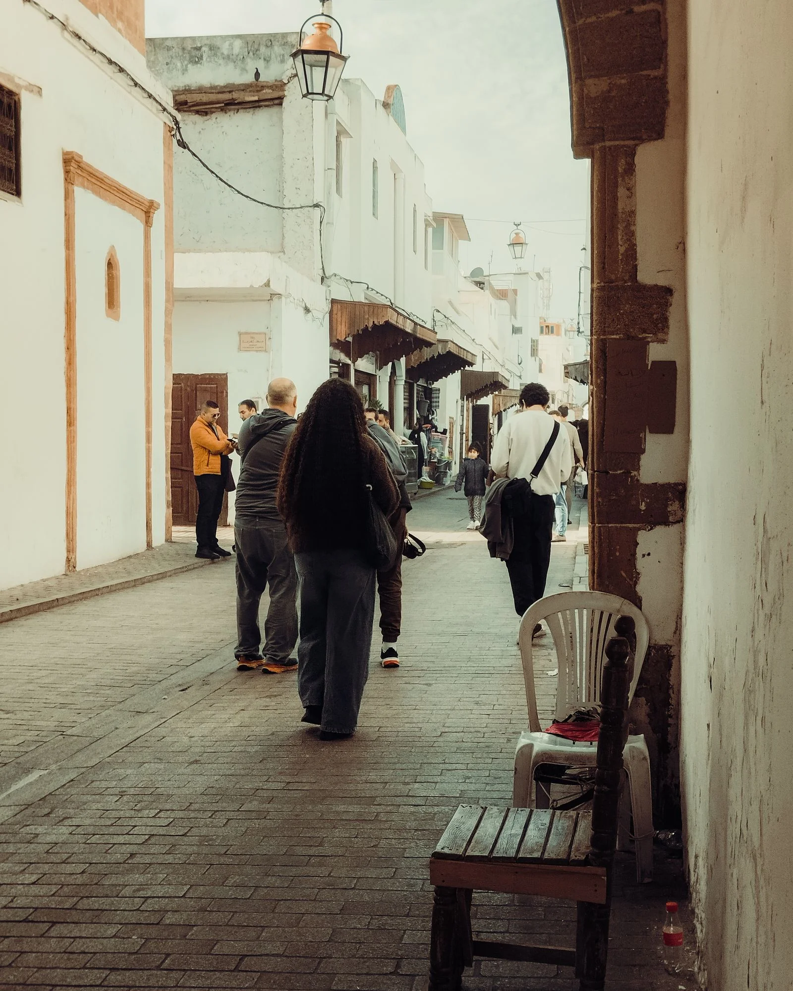 Bustling Moroccan street scene and craft shops in the Rabat Medina